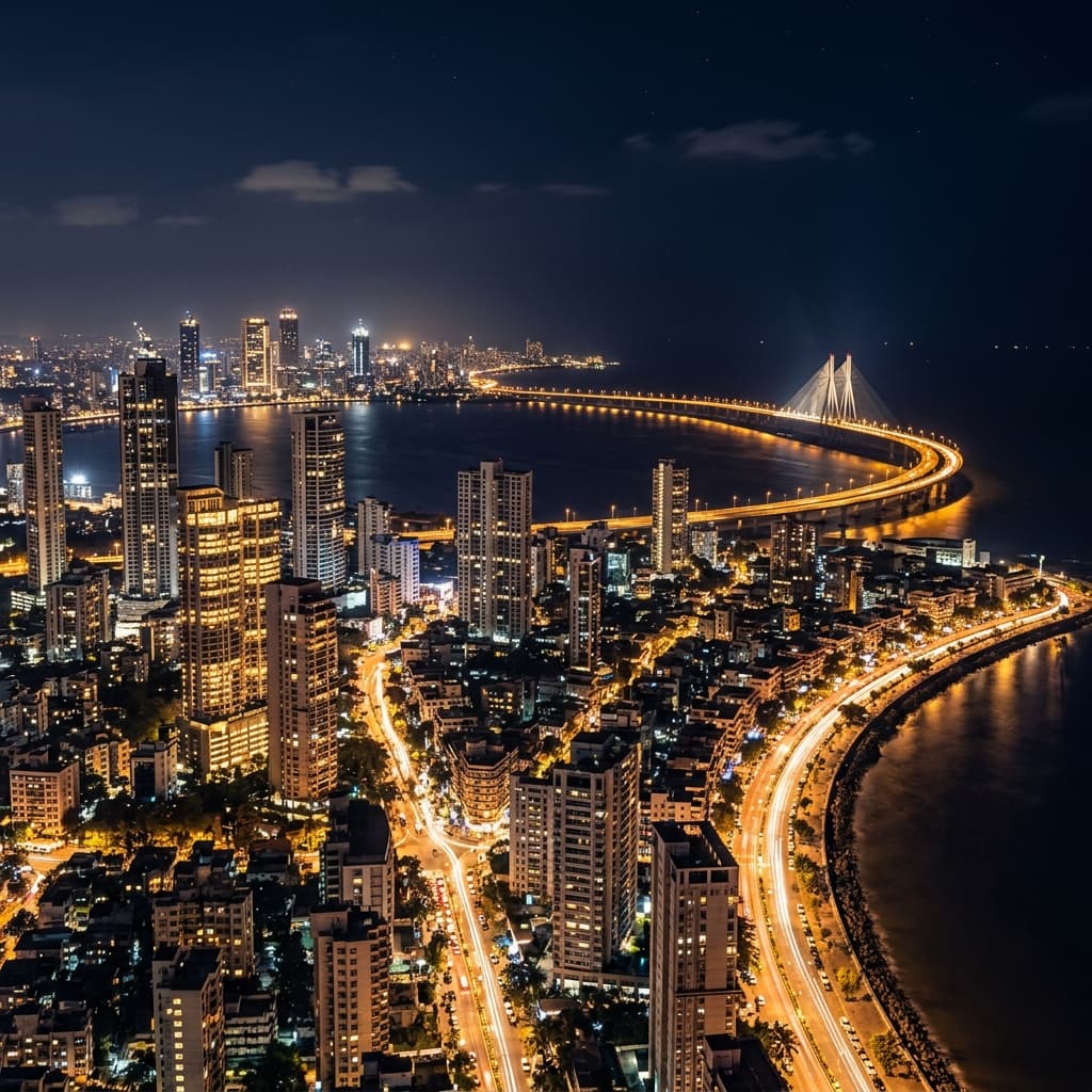 Premium night skyline of Mumbai, India showing glowing streets and warm city lights